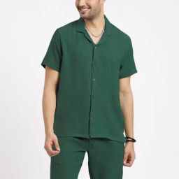 SHOWOFF Green Slim Fit Solid Shirt Shorts Set-image-32