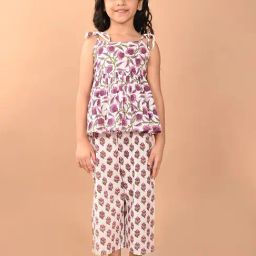 LilPicks Kids White & Pink Floral Print Top with Plazzos-image-63