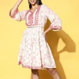 Ishin Off-White & Red Cotton Embroidered A-Line Dress-picture-33