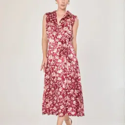 Urban Sundari Red Satin Casual Fit Floral Print Dress-picture-13