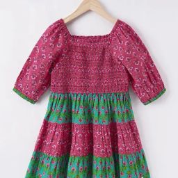 Ed-a-Mamma Kids Pink & Green Cotton Floral Print Dress-image-21