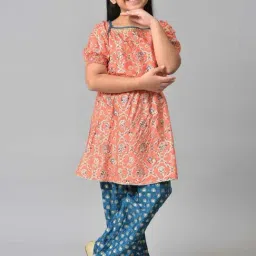 Aurelia Kids Peach & Blue Floral Print Kurta Set-image-63