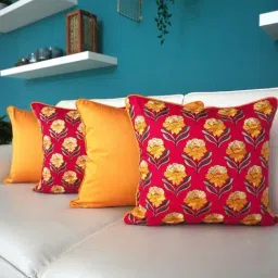 TARA Sparkling Homes Bagh-e-Khaas Red & Mustard Cotton Cushion Cover - Set of 4-image-79