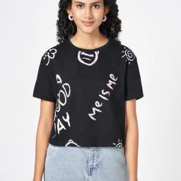 People By Pantaloons Black Cotton Boxy Fit Tops And Tees-picture-14