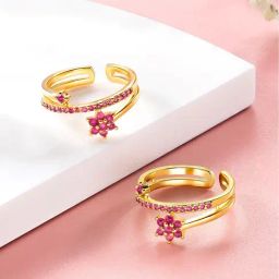 Peora Gold-Plated Rani Pink Cubic Zirconia Studded Adjustable Toe Rings-1