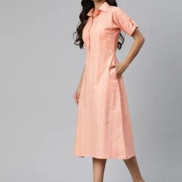 Cottinfab Peach & White Cotton Striped Midi Dress-image-60