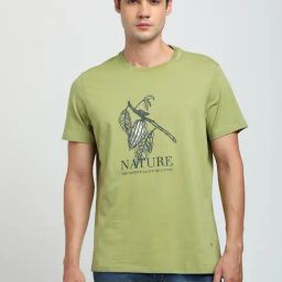 Turtle Olive Knitted Slim Fit Printed T-Shirt-image-0