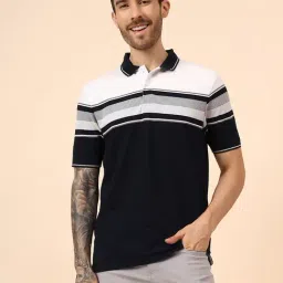 Cantabil Navy Blue Regular Fit Striped Polo T-Shirt-image-91