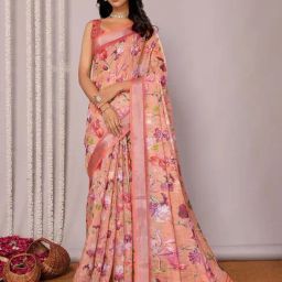 Janasya Peach Printed Sarees-image-79