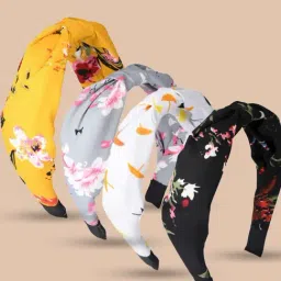 OOMPH Yellow Black Grey White Floral Print Knotted Hair Band - Combo of 4-image-40