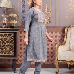 Aarika Girls Grey Embroidered Kurti Set-image-46