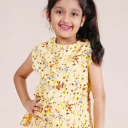 Kiddopanti Girls Yellow Sleeveless Floral Printed Drop Shoulder Top-image-93