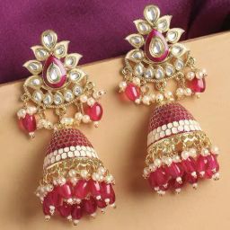 OOMPH Jewellery Pink Red Meenakari Enamel with Kundan and Pearls Ethnic Large Jhumki-13