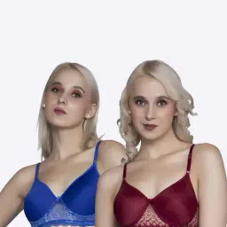 FIMS Blue & Maroon Lace Work Bras - Pack Of 2-image-94