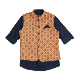 Cavio Kids Yellow & Navy Printed Full Sleeves Nehru Jacket with Shirt-image-80