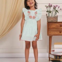 Budding Bees Girls Green Embroidered Dress-image-52