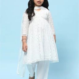 BIBA Girls White Embroidered Kurta, Pants with Dupatta-image-43