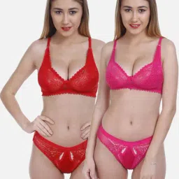 FIMS Red & Pink Lace Work Bra Panty Sets - Pack Of 2-image-34