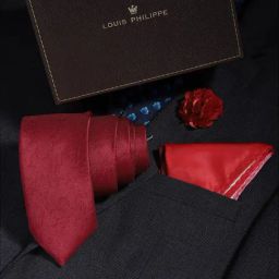Louis Philippe Red Textured Tie Pocket Square & Lapel Pin - Set of 3-image-28