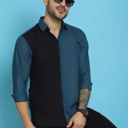 Indian Needle Teal Blue Regular Fit Colour Block Shirt-image-22