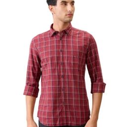 Parx Red Cotton Slim Fit Chequered Casual Shirt-picture-14