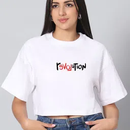 Besick Typography Printed Round Neck Drop-Shoulder Sleeves Cotton Oversized Crop T-shirt-image-65