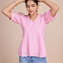House of Mira Pink Viscose Embroidery Peplum Top-image-54