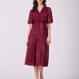 Fablestreet Maroon Polyester Embellished A-Line Wrap Dress-image-38
