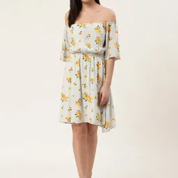 DODO & MOA Light Blue & Mustard Floral Print Fit & Flare Dress-image-56