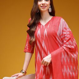 HERE&NOW Ikat Print Pure Cotton Straight Kurta with Trousers & Dupatta-image-7