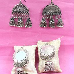 Krelin Set Of 2 Silver Plated Stone Studded Mirror & Dome-Shaped Jhumkas-image-62