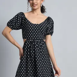 Mehrang Women Polka Dot Printed Puff Sleeve Denim Fit & Flare Dress-image-7