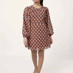People by Pantaloons Brown Geometric Print A-Line Dress-image-36
