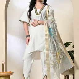 KALINI Zari Work V-Neck A-Line Kurta WIth Dhoti Pants And Dupatta-image-11