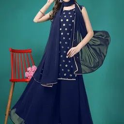 PARROT CREATION Geometric Embroidered Sequinned Georgette Kurti with Sharara And Dupatta-picture-23