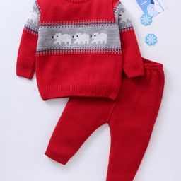 Babyhug Full Sleeves Baby Sweater Set with Animal Design - Red-image-18