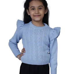 JoE Hazel  Butterfly Frill Shoulder Detailed Stone Embellished & Cable Knitted  Pullover Sweater  - Sky Blue-picture-14