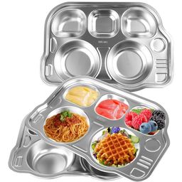 Happy Hues Stainless Steel Divided Meal Plate 5 Compartments Dinner Dish for Babies & Toddlers Bus Design - Silver-27
