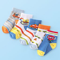 Cute Walk By Babyhug Anti Bacterial Cotton Rich Non Terry Ankle Length Socks Stripes & Car Deign Pack Of 5 - Multicolor-image-95