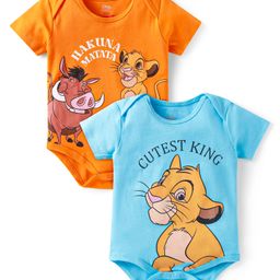 Babyhug Disney Interlock Knit Half Sleeves Onesies with The Lion King Print Pack of 2 - Light Blue & Orange-65