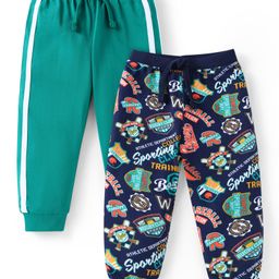 Babyhug Cotton Knit Full Length Solid & Logos Printed Lounge Pants Pack of 2 - Teal Blue & Navy Blue-image-60