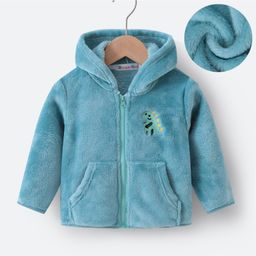 Kookie Kids Full Sleeves Front Open Hooded Fur Winter Jacket with Dino Patch Applique - Teal Blue-image-53