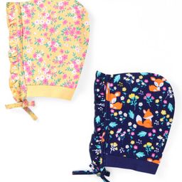 Babyhug 100% Cotton Knit Floral & Fox Printed Caps with Knit Pack of 2  - Navy Blue & Yellow-image-63