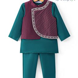 Babyoye Woven Full Sleeves Kurta & Pajama Set with Embroidered Jacket - Teal Blue-image-7