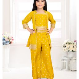 Tiny Kingdom Three Fourth Sleeves Sequin Embellished & Floral Foil Printed Coordinating Top Palazzo With Jacket Set - Yellow-image-38
