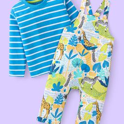 Babyhug Single Jersey Knit Full Sleeves Striped T-Shirt & Full Length Dungaree Set with Zebra Print -Blue & White-image-83