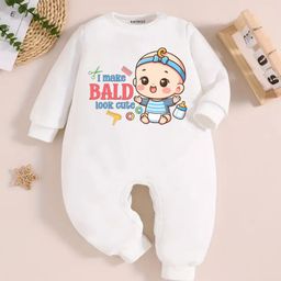 KNITROOT Mundan Theme Cotton Full Sleeves I Make Bald Look Cute Text Printed Romper - White-image-25