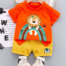 Googo Gaaga Cotton Half Sleeves Lion Printed Tee With Shorts Set - Orange & Yellow-image-82