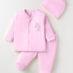 I Bears Fleece Knit Full Sleeves Winter Wear T-Shirt & Footed Lounge Pant & Cap with Duck Print - Pink-image-23