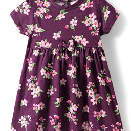 Babyhug Single Jersey Knit Half Sleeves Frock With Floral Print & Bow Applique - Purple-image-57